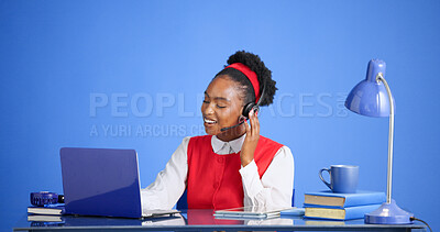 Buy stock photo Happy, headset and laptop with black woman in call center for consulting, feedback or support. Computer, smile and studio with African agent talking on blue background for customer service or review
