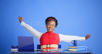 Buy stock photo Business, laptop and stretching with black woman on blue background for muscle fatigue or tension. Break, relax and rest with African person in studio flexibility, posture relief or productivity