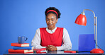 Portrait, laptop or black journalist in office with editing, draft review or source feedback for article. Smile, space or woman with tech, blog fact check or industry research in creative studio.