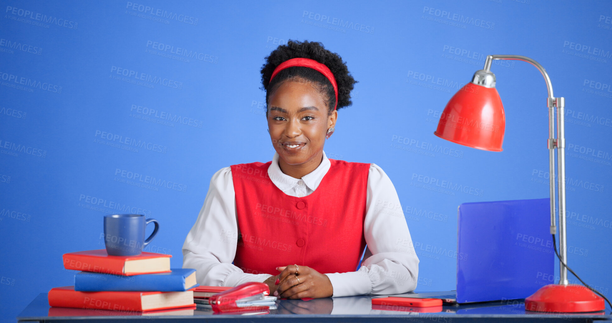 Buy stock photo Portrait, laptop or black person in office with editing, draft review or source feedback for article. Smile, space or journalist with tech, blog fact check or industry research in creative studio.