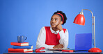 Studio, idea and black woman with notebook for business, story inspiration or thinking. Serious, author and person with diary for planning, vision or creative reflection for novel on blue background