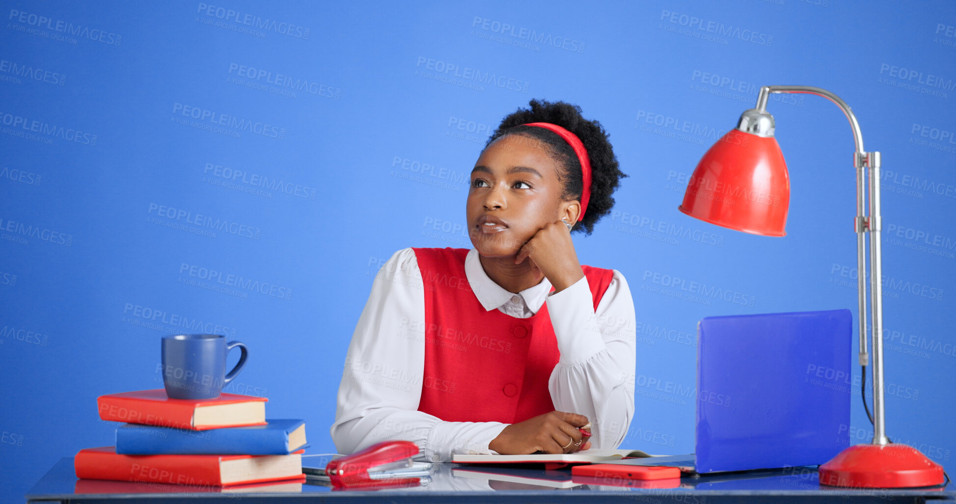 Buy stock photo Studio, idea and black woman with notebook for business, story inspiration or thinking. Serious, author and person with diary for planning, vision or creative reflection for novel on blue background