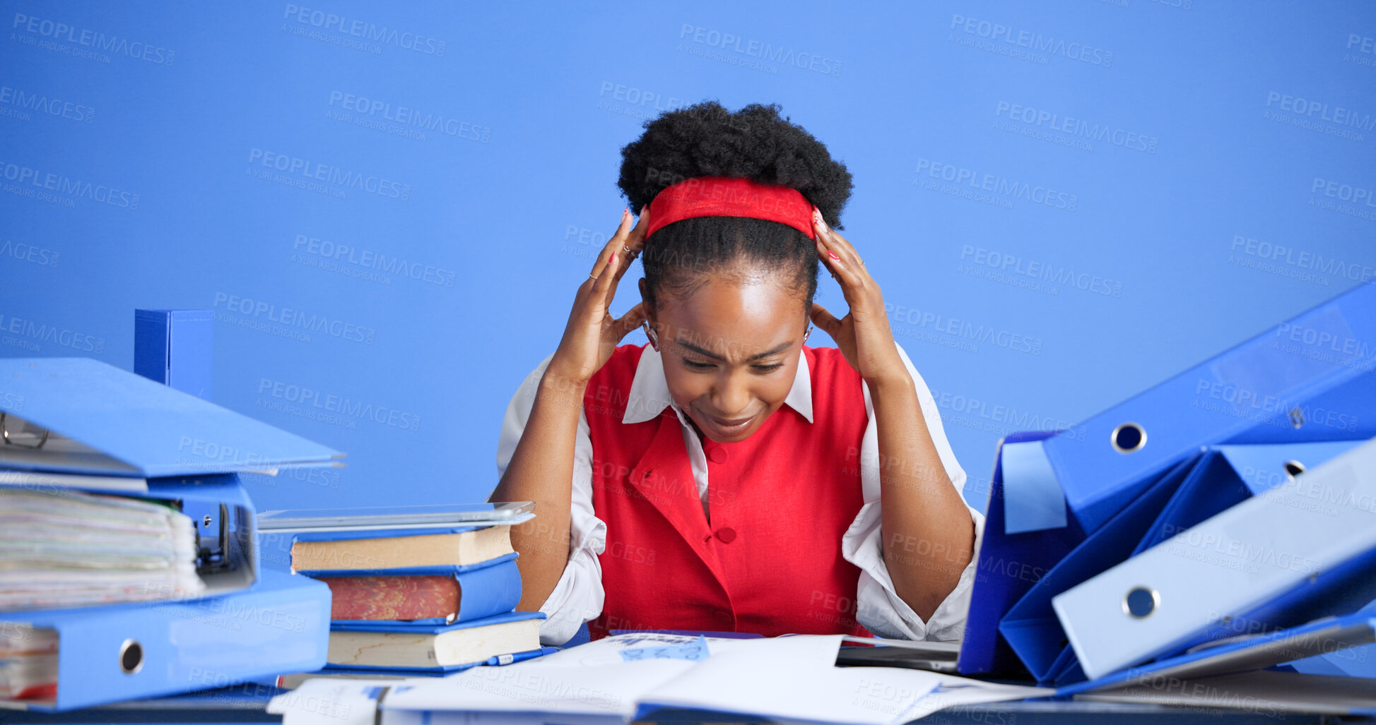 Buy stock photo Studio, headache or black woman with stress for business, overwork or audit with financial crisis. Migraine, accountant or person with tax mistake, deadline pressure or overwhelmed on blue background