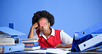 Overworked, files and black woman with sticky note in office, burnout and tired for mental exhaustion. Workload pressure, fatigue and person with do not disturb sign, overwhelmed and creative studio