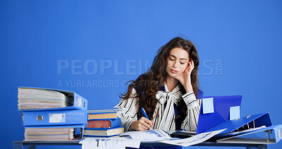 Buy stock photo Fatigue, bored or woman in office with files, brain fog or tired of data analysis. Space, documents or finance consultant in creative studio with tech, overworked or budget report with burnout.