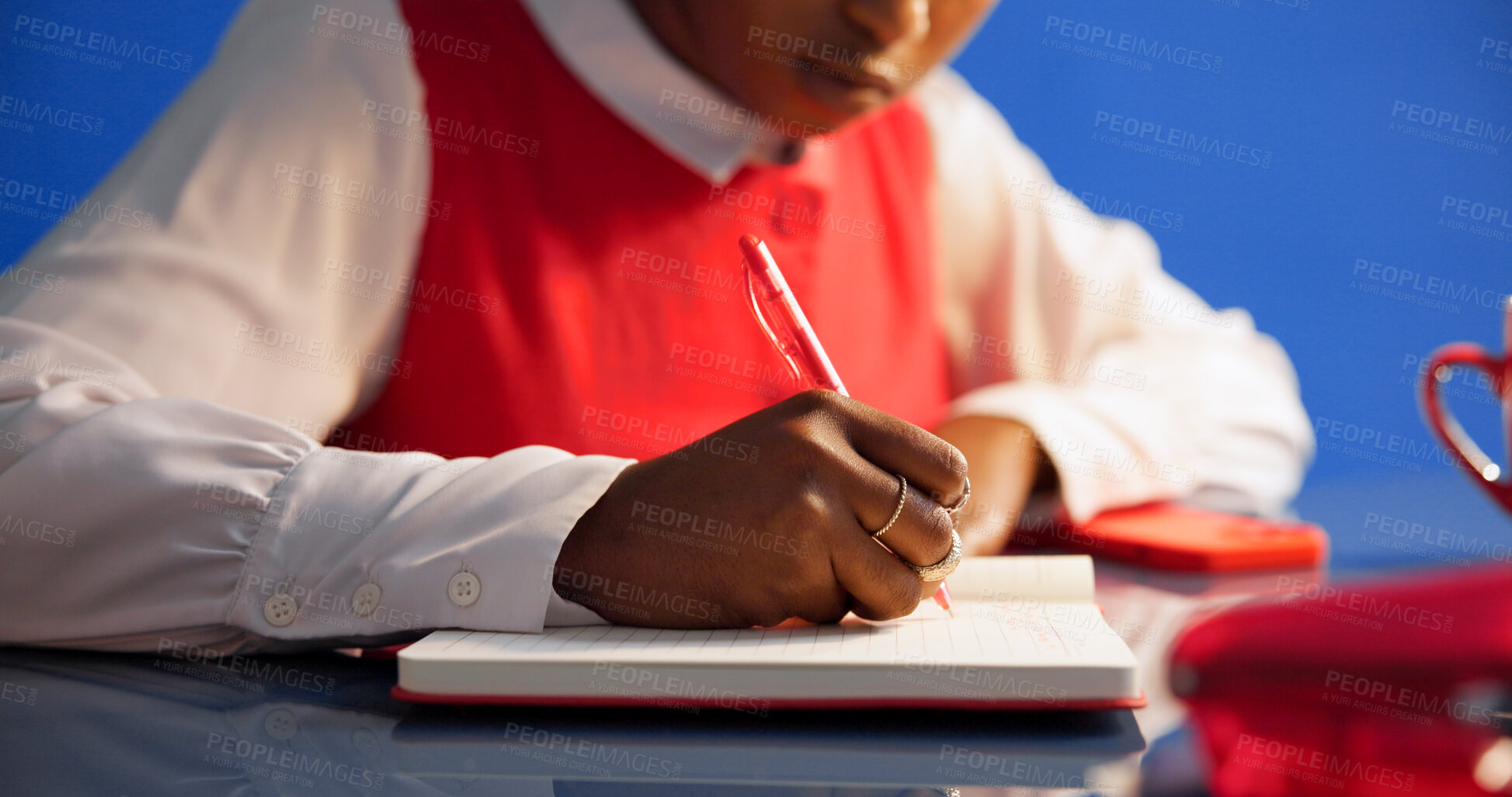 Buy stock photo College student, learn and hands with notebook on desk, knowledge or preparation for exam with info. University, education and person with journal for idea, writing and planning for project and study