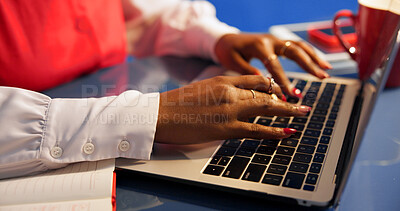 Buy stock photo Research, laptop or hands in office with keyboard, draft review or source feedback for publication. Digital, woman or journalist with tech, article fact check or blog editing in creative studio.