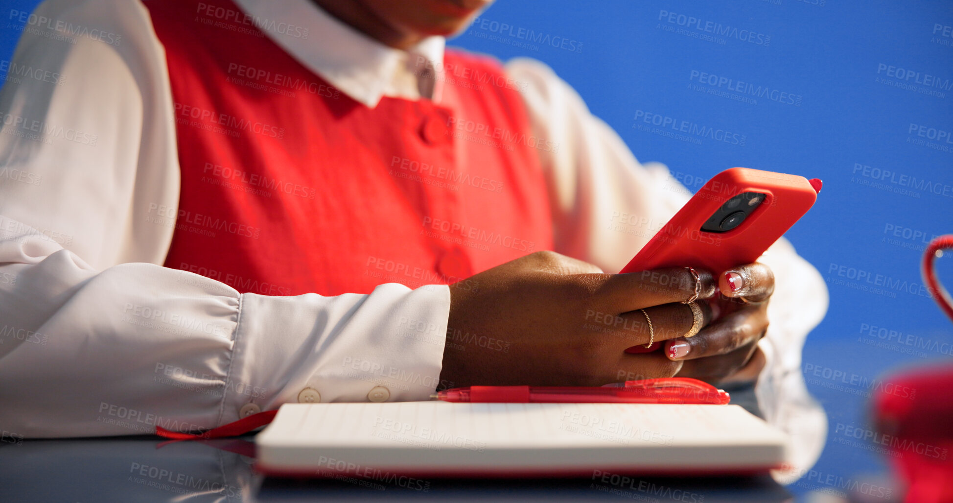 Buy stock photo Research, notebook and hands with mobile in office, email notification and staff chat for schedule change. Diary, creative studio or woman with phone for communication, work bulletin or deadline info