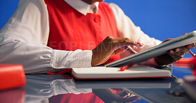 Buy stock photo Hands, tablet and typing at office for review with books, checklist or schedule at media company. Person, writer and click on tech, application and check notification for feedback at creative agency