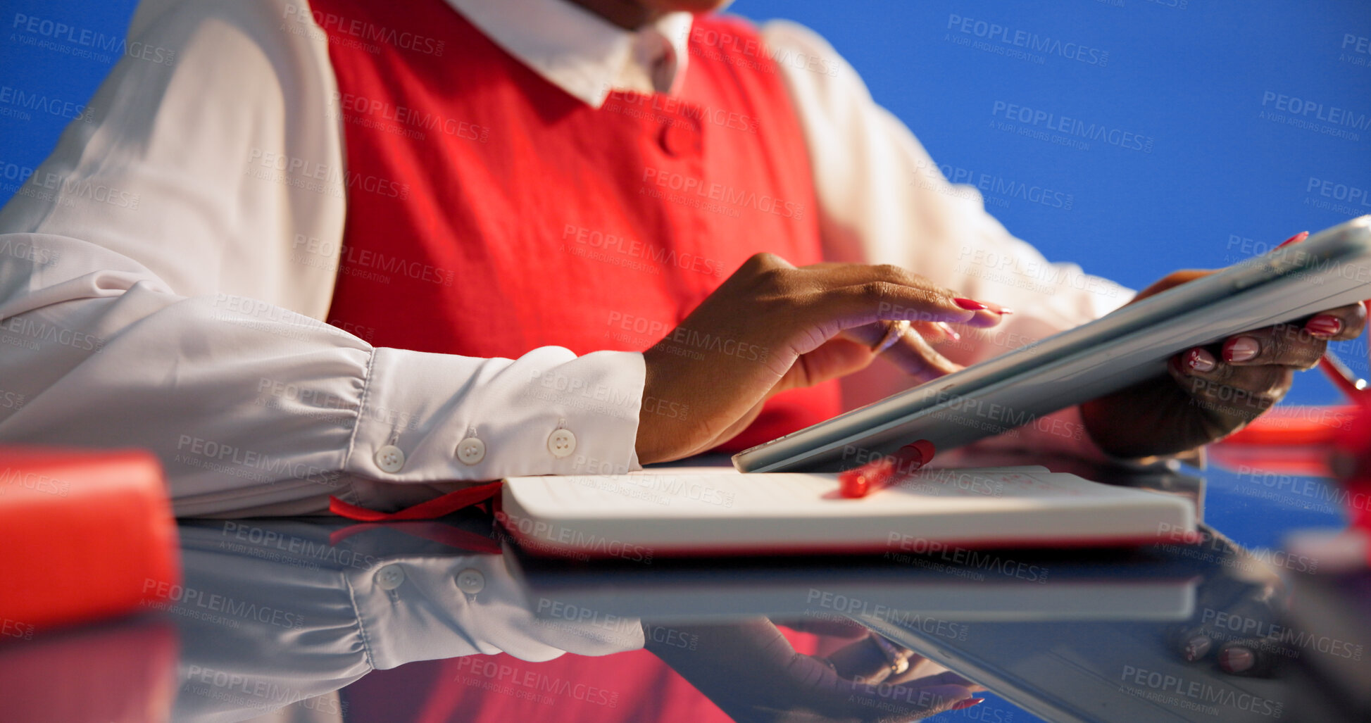 Buy stock photo Hands, tablet and typing at office for review with books, checklist or schedule at media company. Person, writer and click on tech, application and check notification for feedback at creative agency