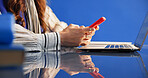 Laptop, phone and hands of person in office, system 404 error and browsing tech support forum for info. Computer crash, research and woman with mobile for communication, creative studio and internet