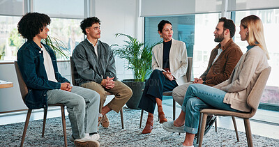 Buy stock photo Group therapy, people and listen to story for support, accountability and addiction recovery. Counseling, men and women in circle for healing, alcoholic rehabilitation and smile in community center