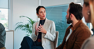 Buy stock photo Group, therapy and woman talking to people for support about experience, mental health and healing. Psychology, therapist and counselling with feedback, trust and community for discussion or wellness