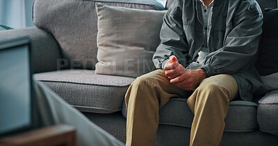 Buy stock photo Hands, nervous and man on sofa by psychologist for emotional support, help or advice on mental health. Anxiety, notes and person with life coach for therapy, wellness or counseling session at clinic.