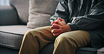 Hands, mental health and man on sofa by psychologist for emotional support, help or advice on anxiety. Nervous, notes and person with life coach for therapy, wellness or counseling session at clinic.