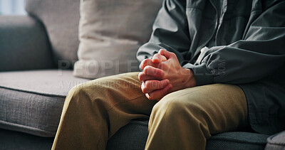Buy stock photo Hands, mental health and man on sofa by psychologist for emotional support, help or advice on anxiety. Nervous, notes and person with life coach for therapy, wellness or counseling session at clinic.