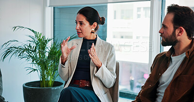 Buy stock photo Group therapy, woman and share story for advice, accountability and addiction recovery. Counselor, talk and people together for healing, alcoholic rehabilitation and support in community center