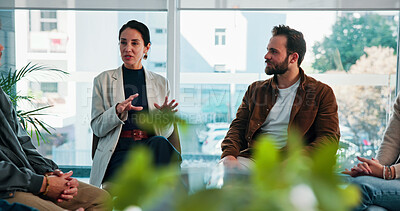 Buy stock photo Group therapy, people and psychologist talking for accountability, support and addiction recovery. Counseling, men and women in community center for healing, alcoholic rehabilitation and advice