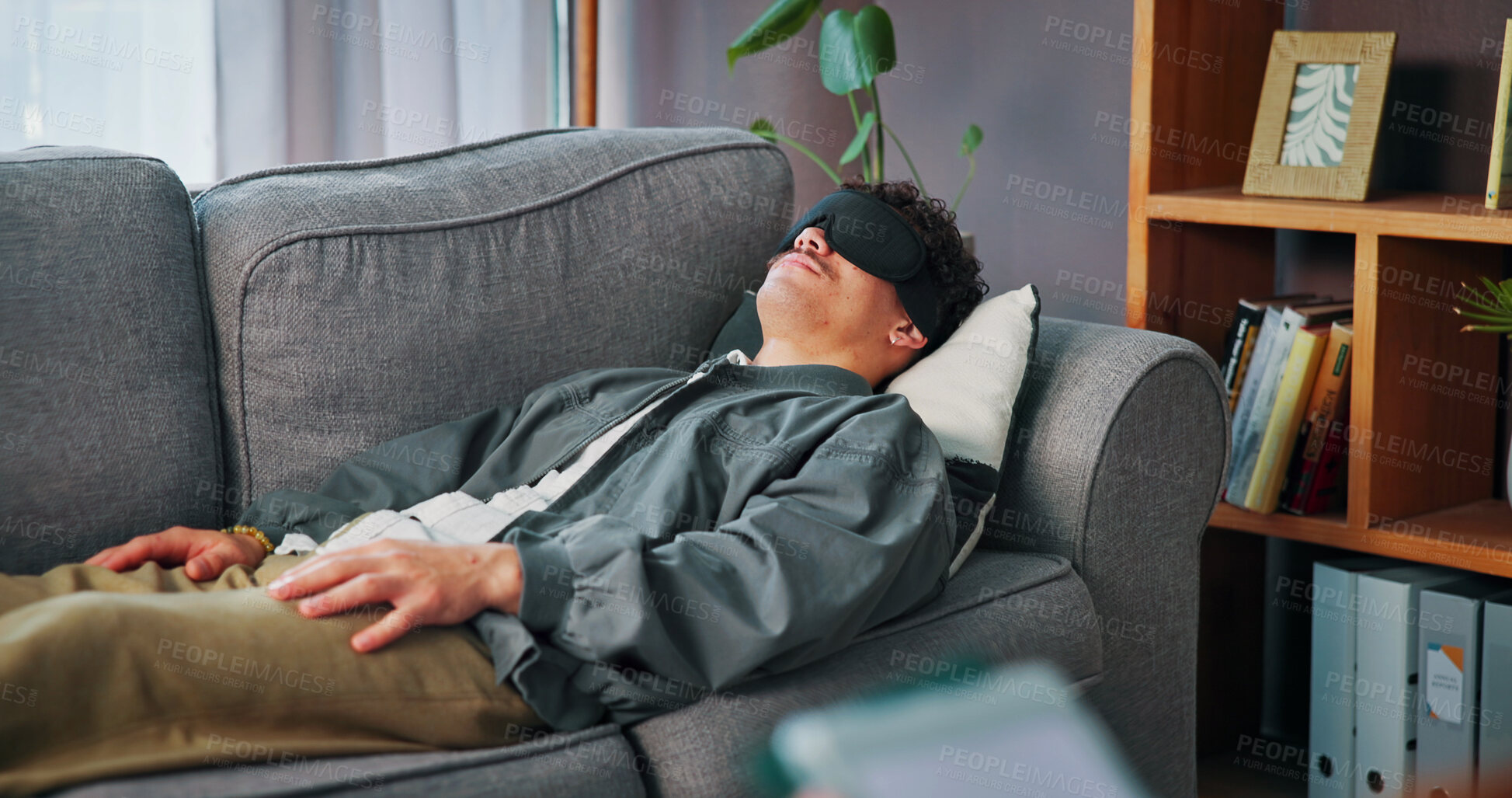 Buy stock photo Counselor, therapy and man with blindfold, memory technique and session for recovery or support. Consultation, psychologist and patient with sensory depravation for mental health, check up and help