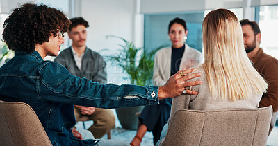 Buy stock photo Group, therapy and support for people talking about sympathy, mental health and healing. Men, women and counselling with addiction, empathy and community with diversity, discussion or help for trauma