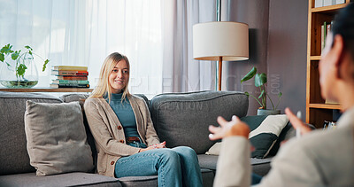 Buy stock photo Woman, therapy and consultation with psychologist for help, support or advice with addiction recovery. Person, psychology and talk in counseling session for healing, rehabilitation or smile in office