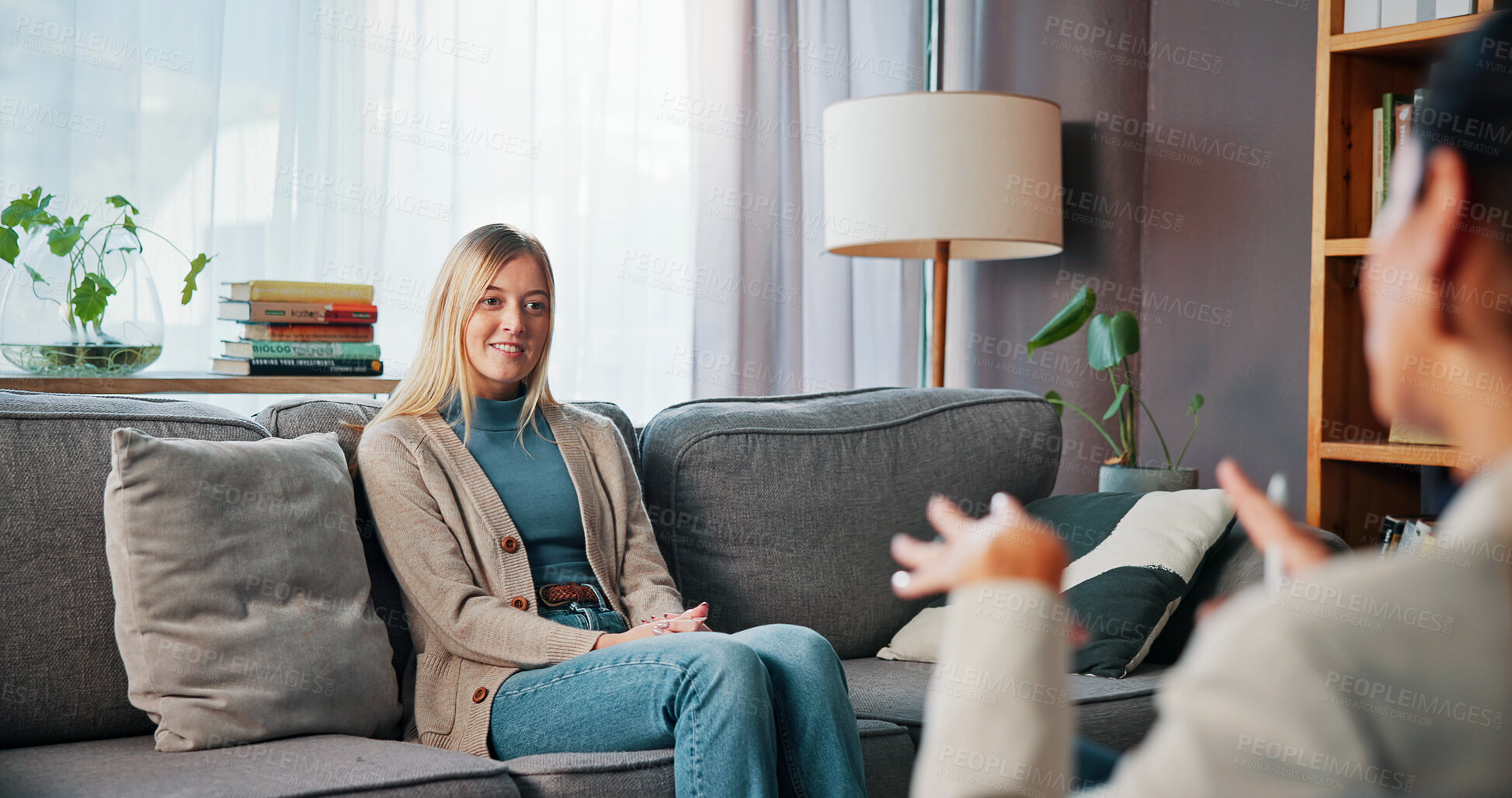 Buy stock photo Woman, therapy and consultation with psychologist for help, support or advice with addiction recovery. Person, psychology and talk in counseling session for healing, rehabilitation or smile in office