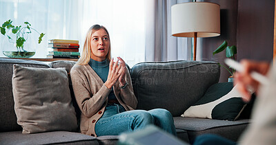 Buy stock photo Woman, therapy and speaking with psychologist for mental health, advice and trauma recovery. Person, psychology and consultation in counseling session for healing, rehabilitation and ptsd in office
