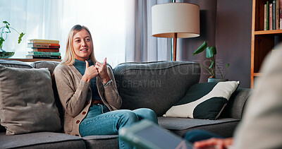 Buy stock photo Woman, psychology and speaking with psychologist for mental health, advice and trauma recovery. Client, therapy and consultation in counseling session for healing, smile or help with ptsd in office