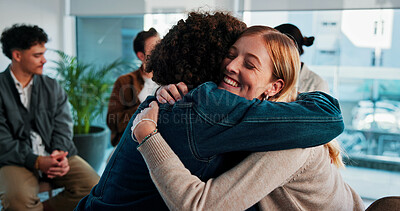 Buy stock photo Group, therapy and happy people hug for support with experience, mental health and healing. Man, woman and counselling with comfort, trust and community with diversity, discussion and wellness