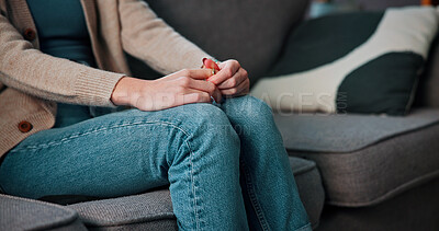 Buy stock photo Hands, nervous and woman on sofa by therapist for emotional support or advice on mental health. Anxiety, stress and female person with life coach for therapy, help or counseling session at clinic.