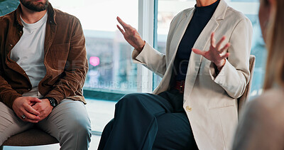 Buy stock photo Psychology, hands and people with talking in group therapy for healing, addiction recovery or support. Rehabilitation, help and member in counseling for relapse prevention, share story and progress