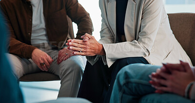 Buy stock photo Stress, hands and woman with talking in group therapy for healing, mental health or grief support. Psychology, person with depression and share trauma in counseling for rehabilitation, loss or advice