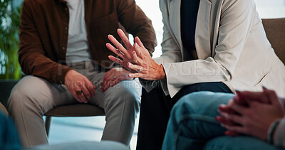 Buy stock photo Stress, hands or woman with discussion in group therapy for healing, trauma or grief support. Psychology, person with depression or share story in counseling for rehabilitation, mental health or loss