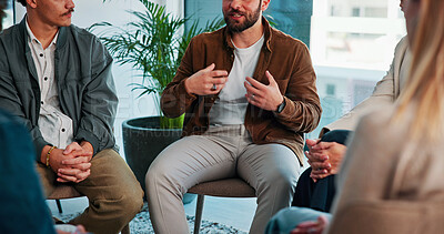Buy stock photo Psychology, hands and man with talking in group therapy for healing, addiction recovery and support. Rehabilitation, people and member in counseling for relapse prevention, share story and progress