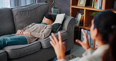 Buy stock photo Psychologist, talking or woman with blindfold in office, fear visualization or sensory awareness practice. Exposure therapy, imagine phobia or people with anxiety counseling, speaking or guide vision