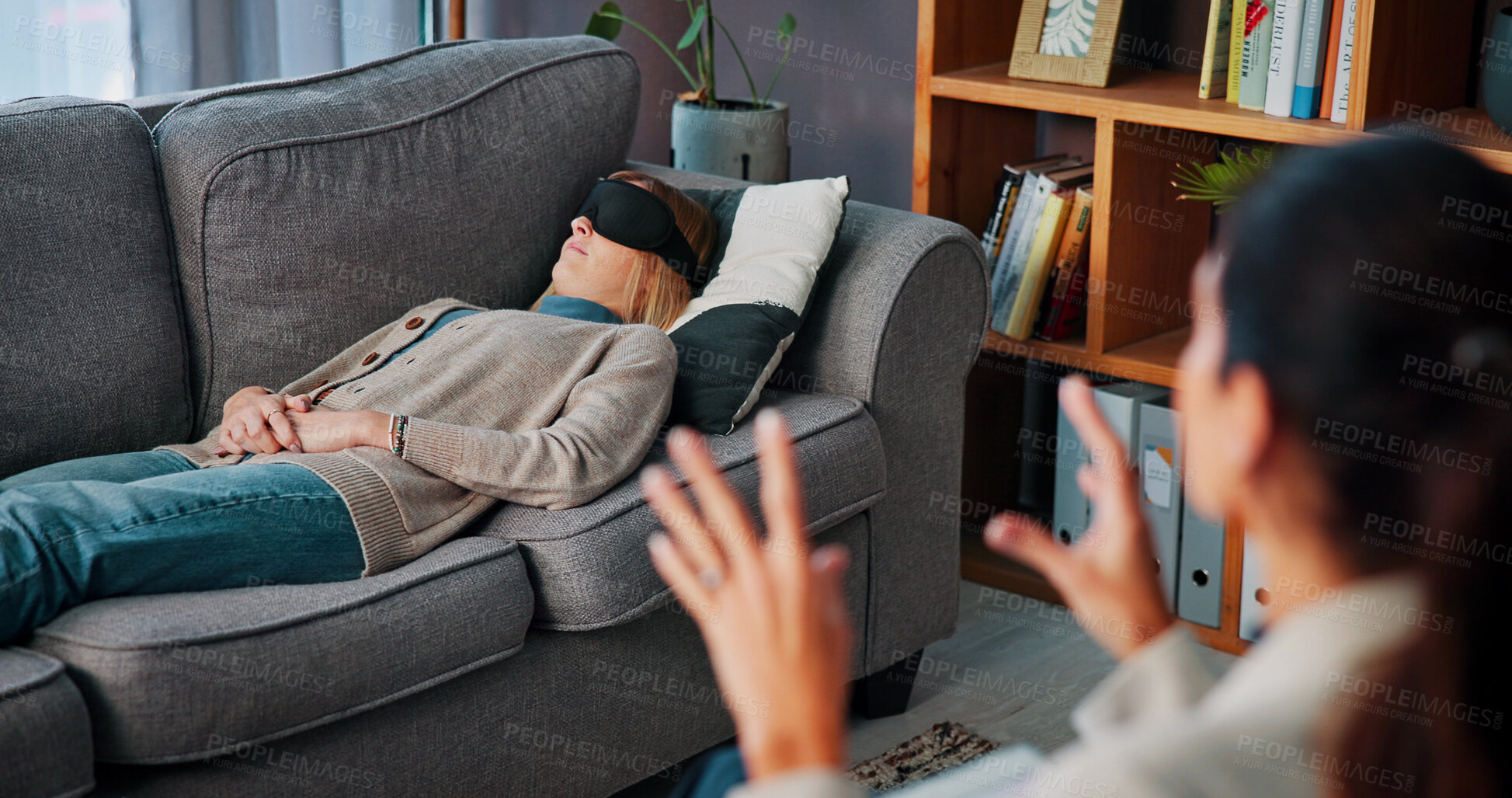 Buy stock photo Psychologist, talking or woman with blindfold in office, fear visualization or sensory awareness practice. Exposure therapy, imagine phobia or people with anxiety counseling, speaking or guide vision