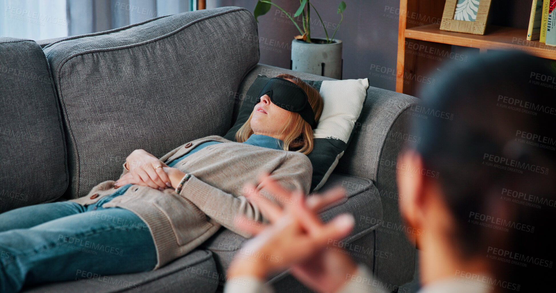 Buy stock photo Therapist, speaking or woman with blindfold in office, fear visualization or sensory awareness practice. Exposure therapy, imagine phobia or people with anxiety counseling, talk or mental health help