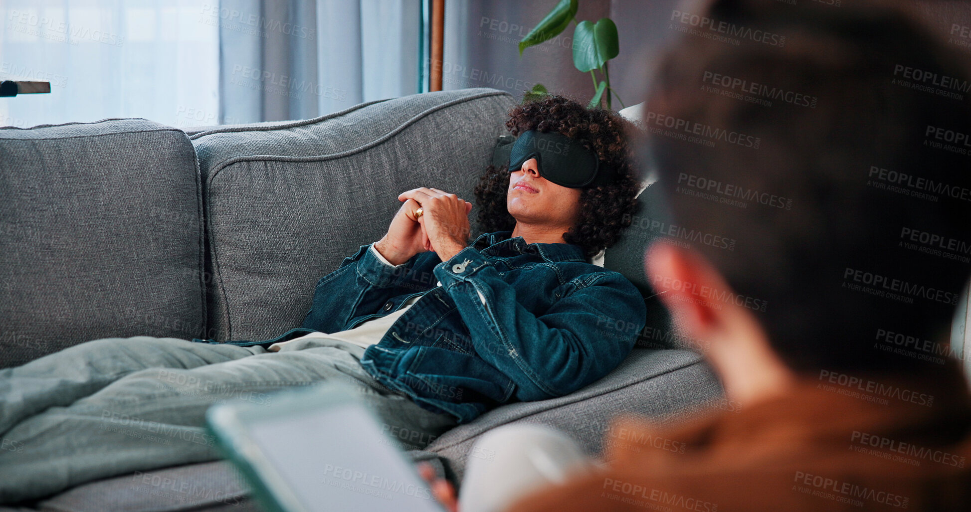 Buy stock photo Psychologist, tablet or man with blindfold in clinic, trauma processing or trust for therapeutic practice. Tech, memory exploration or people with therapy for mental health, visualization or support
