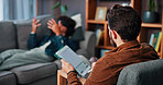 Therapist, blindfold or man with tablet screen in office, digital notes or anxiety counseling assessment. Tech, sensory deprivation or people with therapy for mental health, visualization or support