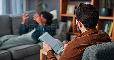 Buy stock photo Therapist, blindfold or man with tablet screen in office, digital notes or anxiety counseling assessment. Tech, sensory deprivation or people with therapy for mental health, visualization or support