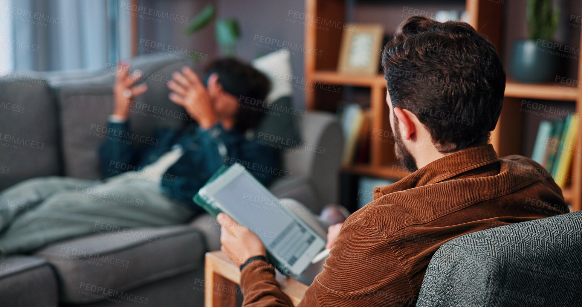 Buy stock photo Therapist, blindfold or man with tablet screen in office, digital notes or anxiety counseling assessment. Tech, sensory deprivation or people with therapy for mental health, visualization or support