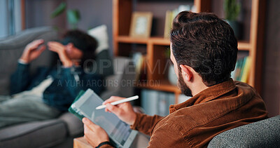 Buy stock photo Therapist, blindfold or man with tablet screen in clinic, digital notes or anxiety counseling assessment. Tech, sensory deprivation or people with therapy for mental health, visualization or writing