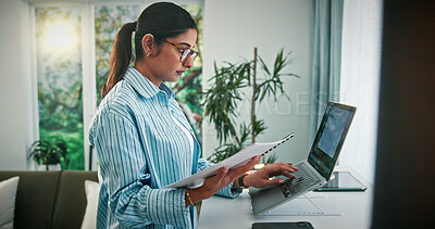 Buy stock photo Woman, documents or finance with laptop in home for online investment, expenses or bills. Female person, freelancer or remote work with computer or paperwork for financial planning or budget in house