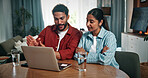Laptop, talking and couple in home with online banking for property investment, bills or mortgage. Technology, discussion and man with woman on computer for loan application together in house.