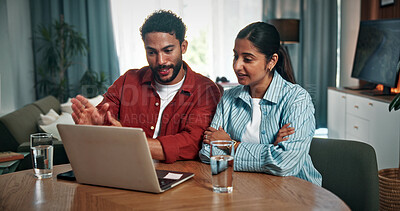 Buy stock photo Laptop, talking and couple in home with online banking for property investment, bills or mortgage. Technology, discussion and man with woman on computer for loan application together in house.