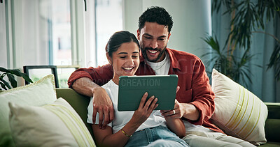 Buy stock photo Happy, tablet and couple on sofa for online entertainment, streaming and movie website in home. Relax, love and man with woman on digital tech with subscription for bonding, relationship and weekend
