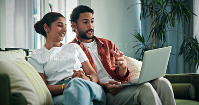 Buy stock photo Happy, talking and couple on sofa on laptop for planning holiday, vacation and booking trip. Marriage, home and man with woman on computer for conversation, bonding and discussion for travel decision
