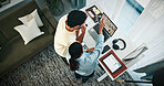 Couple, talk and people with laptop in home office, video editing and planning for submission on web. Above, man and woman with tech for content creation, pointing and remote work with standing desk