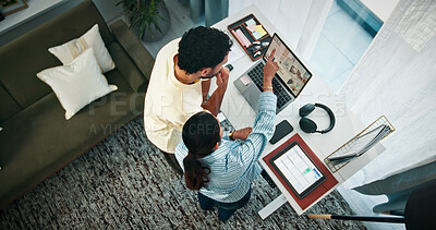 Buy stock photo Couple, talk and people with laptop in home office, video editing and planning for submission on web. Above, man and woman with tech for content creation, pointing and remote work with standing desk