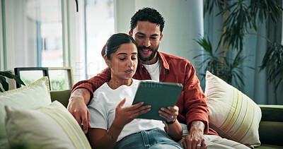 Buy stock photo Online, research and couple with tablet in house, bonding and planning for trip with discount offer. Home, man and woman with tech for ticket purchase, ecommerce and searching for sale on website